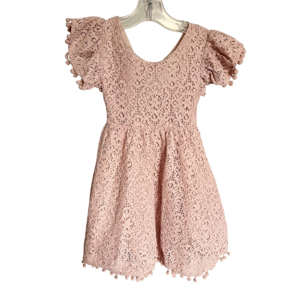 Toddler Girls 2T Princess Party Dress Pink Hollow Lace Pompom Flutter Sleeve
